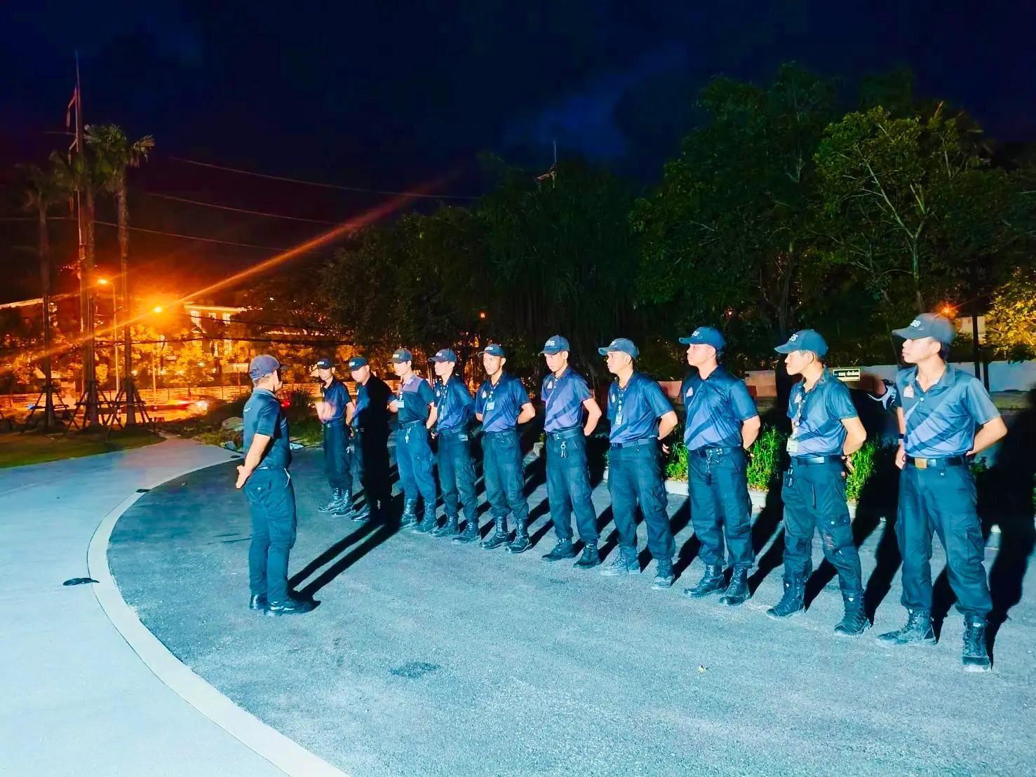 SGS night shift lining up on the access road at MontAzure Kamala after dark